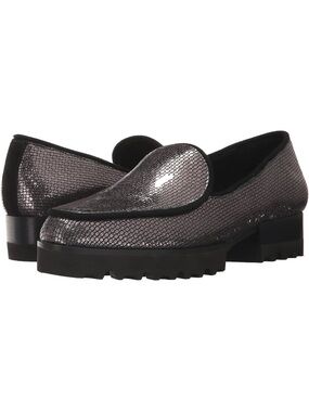 Donald Pliner Elen “Carbon” Black Leather Metallic Loafer Shoe Rubber Sole